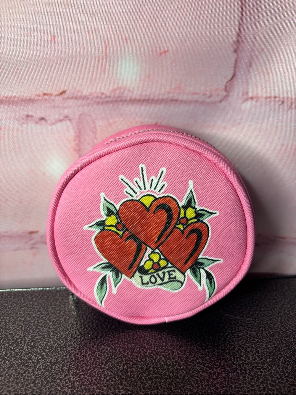 Pink Round Coin Pouch with Red Heart Tattoo Motif
